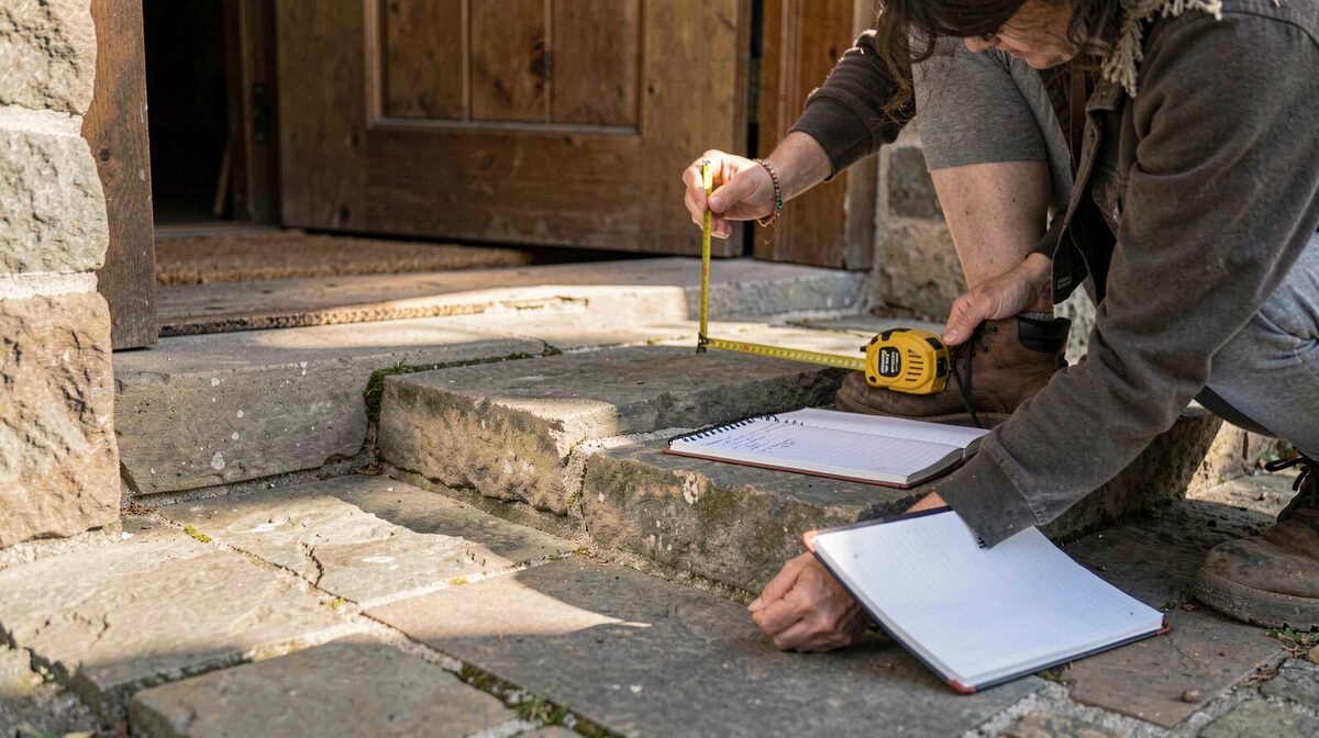 A volunteer holding a tape measure against the stone threshold of a small church porch, with a notebook open on the step beside her and morning light falling across the flagstones.