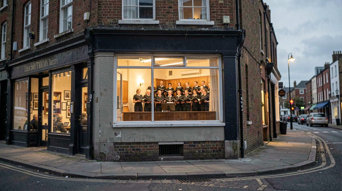 A first floor rehearsal room above a shop, seen from the pavement at dusk, with a narrow staircase and a lit window where a choir is singing.